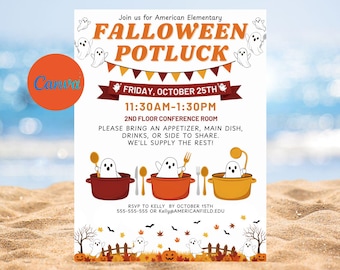 Falloween Potluck Flyer Template, Editable Printable (Canva) | Halloween Potluck Invitation, Fall Luncheon Appreciation Invite