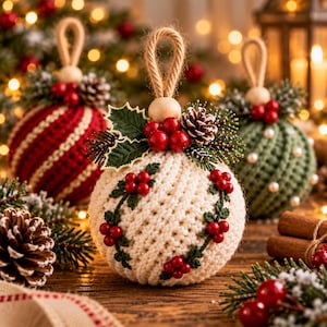 Christmas Bauble Crochet Pattern, 5 in 1 Twisted Rib Ornament Pattern PDF, Crochet Christmas Ornaments, Christmas Tree Decor