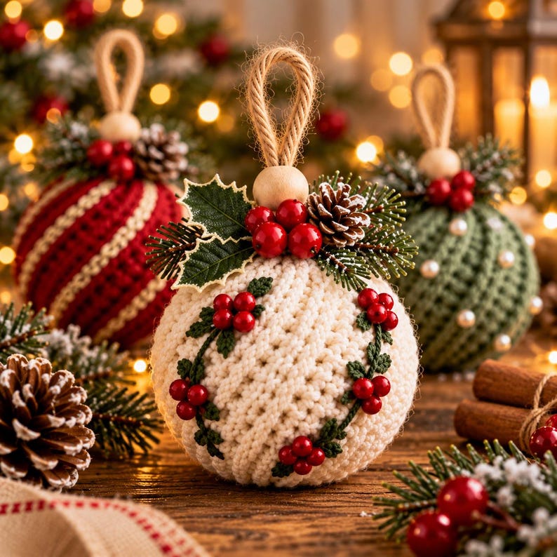 Christmas Bauble Crochet Pattern, 5 in 1 Twisted Rib Ornament Pattern PDF, Crochet Christmas Ornaments, Christmas Tree Decor