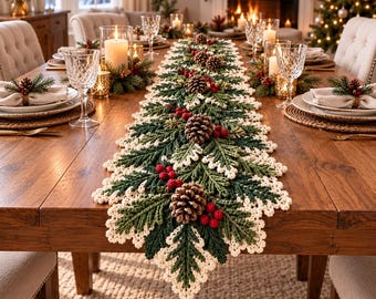 Pode incluir: Um caminho de mesa de crochê longo e retangular com um design festivo de ramos de pinheiro verde-escuro, bordas em tom creme e cachos de bagas vermelhas brilhantes. O caminho é decorado com várias pinhas castanhas ao longo dele.