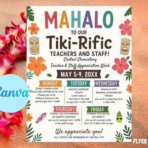 Editable Hawaiian Luau Theme Teacher & Staff Appreciation Theme Tropical Itinerary Flyer Canva Template Mahalo Printable Poster