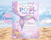 Mermaid Pool Party Invitation: Editable Girl Birthday Invite (5x7 inches Canva Template