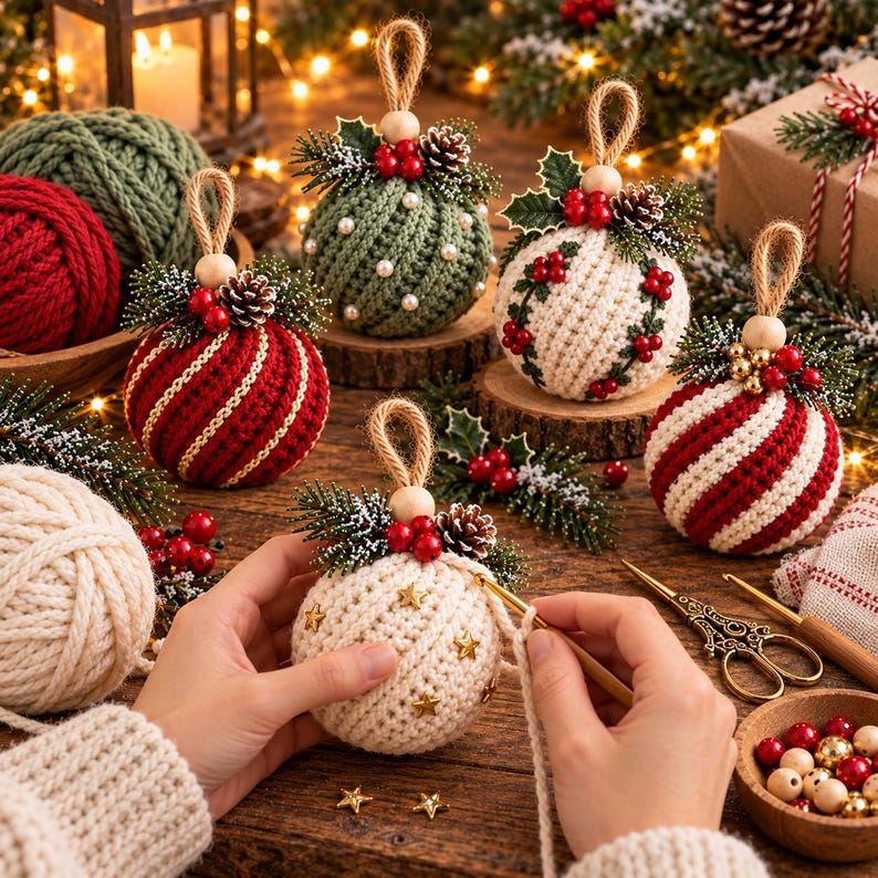 Christmas Bauble Crochet Pattern, 5 in 1 Twisted Rib Ornament Pattern PDF, Crochet Christmas Ornaments, Christmas Tree Decor