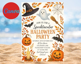 May include: Halloween party invitation with watercolor illustrations of a witch's hat, ghost, bat, spiderweb, broom, and pumpkins. The text reads "Join us for a Spooktacular Halloween Party" with event details.