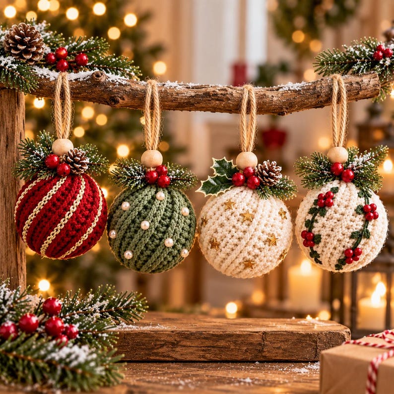 Christmas Bauble Crochet Pattern, 5 in 1 Twisted Rib Ornament Pattern PDF, Crochet Christmas Ornaments, Christmas Tree Decor