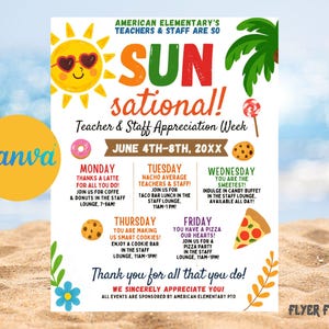Editable Beach Theme Teacher & Staff Appreciation Sunsational Itinerary Flyer Canva Template Schedule Printable