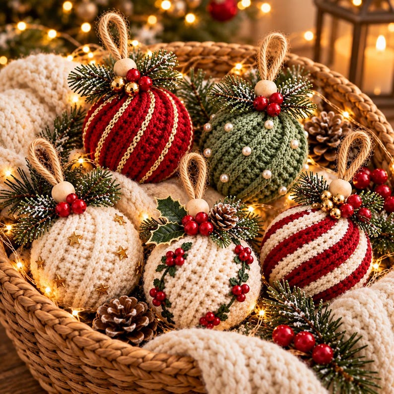 Christmas Bauble Crochet Pattern, 5 in 1 Twisted Rib Ornament Pattern PDF, Crochet Christmas Ornaments, Christmas Tree Decor