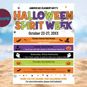 May include: A Halloween Spirit Week poster against a beach backdrop. The poster features the text "Halloween Spirit Week" in orange, purple, and green, with daily themes for October 23-27, 20XX. Includes Halloween-themed illustrations such as bats, ghosts, and pumpkins.