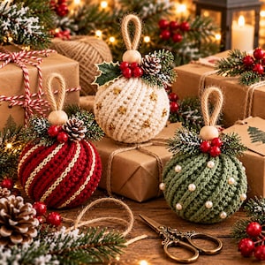 Christmas Bauble Crochet Pattern, 5 in 1 Twisted Rib Ornament Pattern PDF, Crochet Christmas Ornaments, Christmas Tree Decor