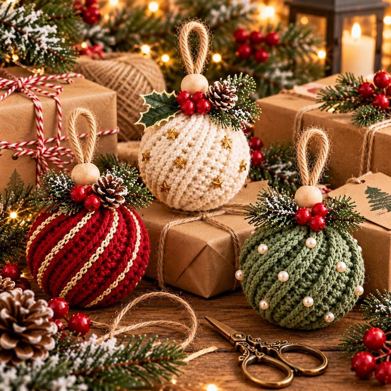 Christmas Bauble Crochet Pattern, 5 in 1 Twisted Rib Ornament Pattern PDF, Crochet Christmas Ornaments, Christmas Tree Decor
