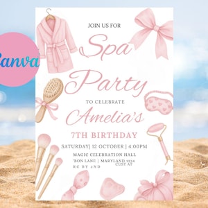 Könnte beinhalten: Rosa Spa-Party-Einladung mit Illustrationen von Spa-Artikeln wie Bademantel, Bürste und Augenmaske. Der Einladungstext lautet "Spa Party" und "Amelias 7. Geburtstag". Das Canva-Logo befindet sich oben links.