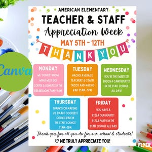 Editable Teacher Appreciation Week Itinerary Poster Teachers Staff Appreciation Week Event Flyer Printable Template Instant Digital Download