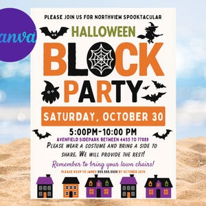Może przedstawiać: Zaproszenie na halloweenową imprezę blokową z pomarańczowym i czarnym tekstem, nietoperzami i sylwetką czarownicy. Zaproszenie zawiera datę, godzinę i miejsce. Logo Canva znajduje się w lewym górnym rogu.