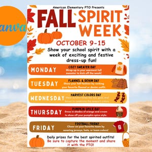 May include: A colorful flyer promoting "Fall Spirit Week" at American Elementary PTO. The poster features a pumpkin graphic, autumn leaves, and daily themes like "Cozy Sweater Day" and "Football Friday" from October 9-15.
