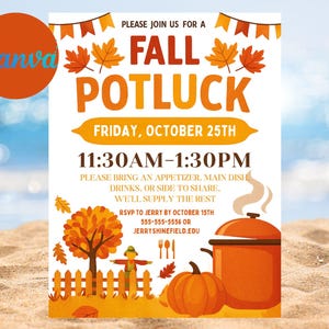 Editable Fall Potluck Flyer Template, Autumn Luncheon Invite Printable, Canva