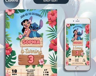 Stitch Birthday Invitation, Lilo And Stitch Birthday Invite, Stitch Birthday Party Invitation Template, Stitch Birthday Girl, Canva Editable
