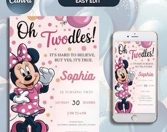 Minnie Mouse Oh Twodles 2nd Birthday Invitation (Canva Editable)