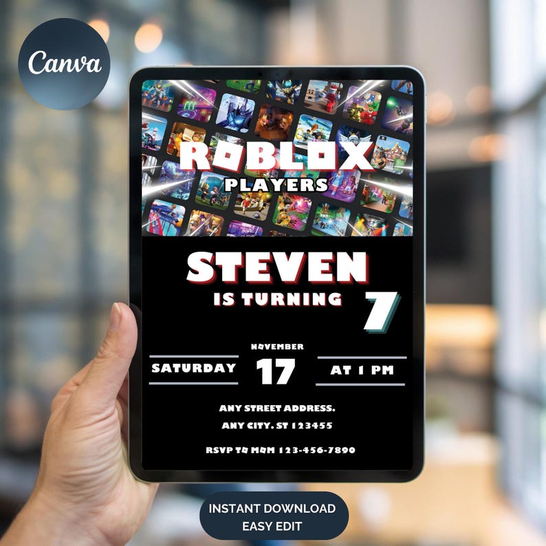 May include: A black and red digital invitation for a Roblox themed birthday party. The invitation features a collage of Roblox game screenshots and the text "Roblox Players". The invitation is for Steven's 7th birthday party on Saturday, 17th November at 1 PM. The invitation includes the text "RSVP to Mum 123-456-7890".