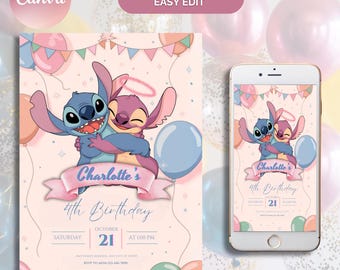 Bearbeitbare Stitch Geburtstagseinladungsvorlage: Kinderpartyeinladung (Digital)