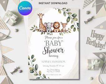 Puede incluir: Una invitación a un baby shower con un diseño de acuarela. La invitación presenta una jirafa, un elefante, un león y un ciervo. El texto dice: "Please join us for a 'Baby' Shower honoring Sophia Anderson". Las palabras "Instant Download" y "Easy Edit" también son visibles.