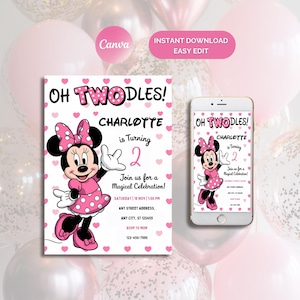Editable Oh TWOdles Birthday Invitation, Digital 2nd Birthday Cute Mouse Second Birthday Invite, Oh Twodles Invitation Boho Minnie Invite