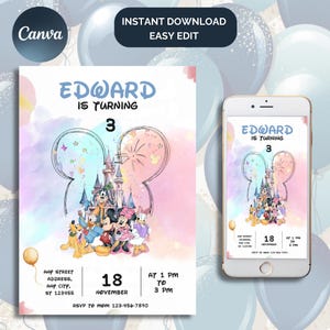 Könnte beinhalten: Eine Geburtstagseinladung mit dem Text "Edward wird 3". Das Design umfasst ein Schloss, Disney-Figuren und eine Mickey Mouse-Kopfkontur. Die Einladung wird auf einem Telefonbildschirm und einer gedruckten Karte angezeigt.