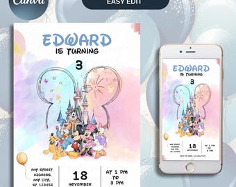 Watercolor Mickey and Friends Birthday Invitation: Disneyland Theme (Digital Download)