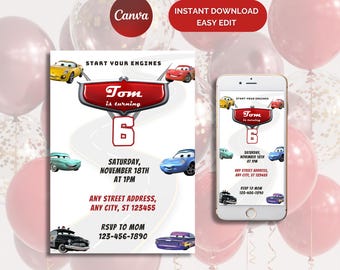 Lightning McQueen Cars Birthday Invitation: Editable Canva Template (Digital)