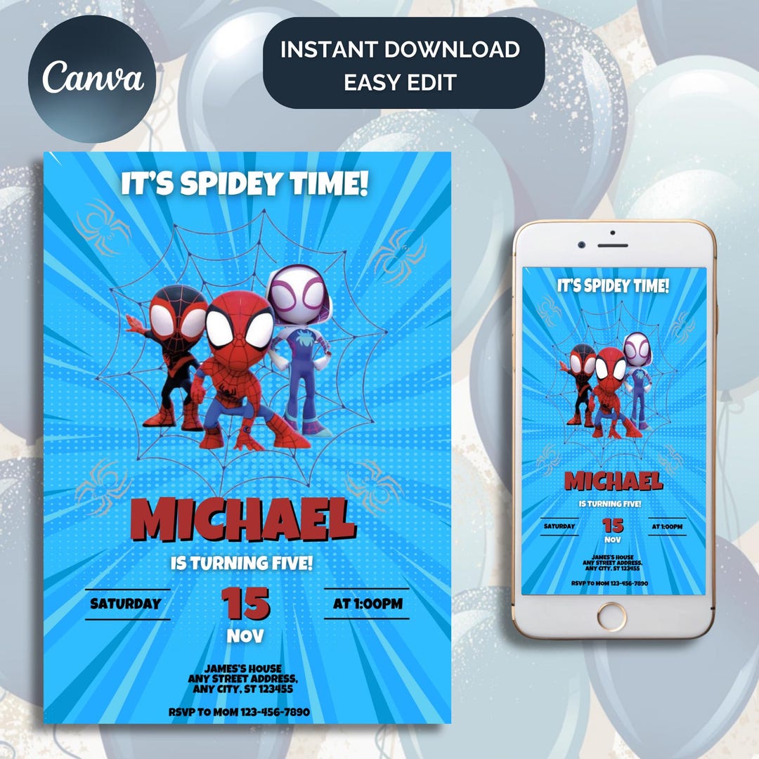 Spidey and Friends Birthday Invitation Editable Canva Template