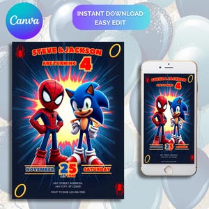 Bewerkbare sjabloon voor verjaardagsuitnodiging Spider Man en Sonic, afdrukbare verjaardagsuitnodiging, Spiderman-kaart, sjabloon voor uitnodiging kinderfeestje
