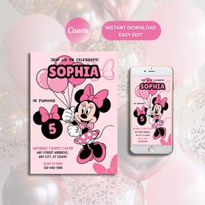 Editable Minnie Mouse Birthday Invitation, Minnie Mouse Birthday, 1st Birthday, Watercolor Pink Birthday Invite, Girls Minnie Invitations