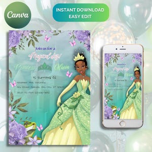 Convite de aniversário da princesa e o sapo, convite para festa de aniversário da princesa Tiana, convite de aniversário editável para impressão, aniversariantes