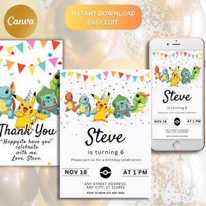 May include: A Pokemon-themed birthday invitation with a colorful confetti background. The invitation features a group of Pokemon characters, including Pikachu, Bulbasaur, and Squirtle. The text on the invitation reads "Steve is turning 6. Please join us for a birthday celebration. Nov 18 at 1 PM. Any Street Address, Any City, ST 123455. RSVP to Mom 123-456-7890."