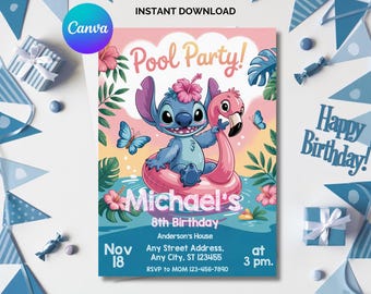 Invitación de cumpleaños de Stitch en la piscina: Plantilla editable de Canva (descarga digital)