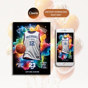 Basketbal verjaardagsuitnodiging, elke leeftijd jersey, Bball-speler feestuitnodiging, bewerkbare sjabloon, afdrukbare kaart, digitale Evite Instant Download