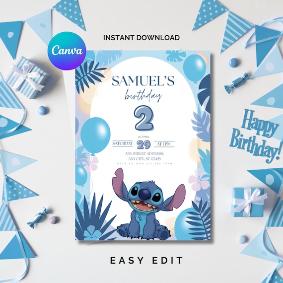 Blue Stitch Birthday Invitation: Tropical Party, Mobile Invite (Digital)