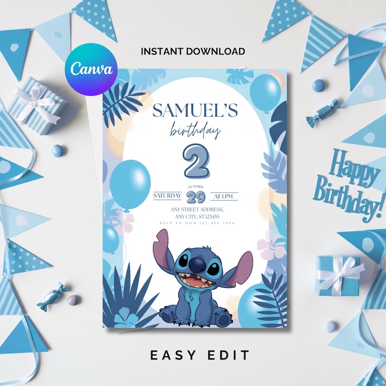 Pode incluir: Um convite de anivers&aacute;rio azul com o personagem Stitch. O convite inclui o texto "SAMUEL'S birthday 2" e "29 de outubro &agrave;s 13h". As palavras "DOWNLOAD INSTANT&Acirc;NEO" e "F&Aacute;CIL EDI&Ccedil;&Atilde;O" tamb&eacute;m s&atilde;o vis&iacute;veis.