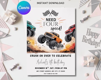 Monster Truck Birthday Invitation: Editable Template (Digital File)