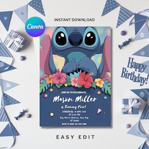 Editable Stitch Birthday Invitation Template, Printable Birthday Party Invitations, Digital Kids Party Invite Boys & Girls Bday Card Evite