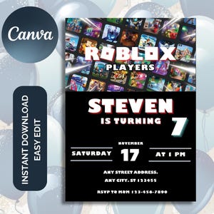 May include: A black and red birthday invitation with a Roblox theme. The invitation says "Roblox Players" and "Steven is turning 7". The invitation also includes the date and time of the party: "Saturday, 17 November at 1 PM".
