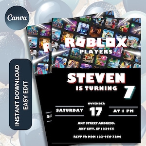 May include: A black and red birthday invitation featuring a montage of Roblox game screenshots. The invitation reads "Roblox Players" and "Steven is turning 7". The date is Saturday, 17th November at 1 PM. The invitation includes an address and RSVP details.