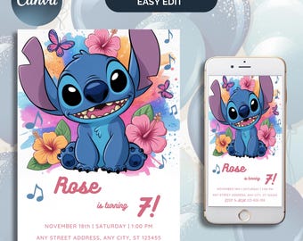 Bearbeitbare Stitch-Geburtstagsfeier-Einladungsvorlage, Stitch-Geburtstags-Einladung zum Pool, Stitch-Geburtstags-Einladung, Cartoon-Geburtstagseinladung