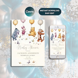May include: Baby shower invitation featuring Winnie the Pooh characters holding balloons. The invitation includes the text "Baby Shower" and details for Jackson Anderson's baby shower on November 18th. A smartphone displays the same design.