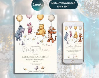 Convite editável para chá de bebê do Ursinho Pooh, convite digital Oh Boy, convite clássico do Ursinho Pooh, modelo para impressão do Ursinho Pooh