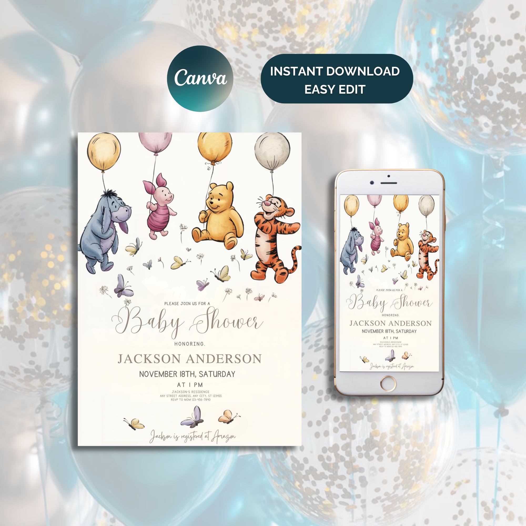 Editable Winnie the Pooh Baby Shower Invitation, Digital Invitation Oh Boy, Classic Winnie The Pooh Invitation, Pooh Printable Template
