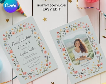 Invitación de graduación con flores silvestres: Foto floral bohemia, plantilla editable de Canva