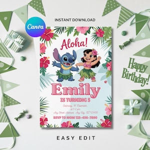Faire-part d'anniversaire modifiable personnalisé, invitation d'anniversaire Lilo et Stitch, modèle de fête imprimable Stitch, anniversaire fille Stitch sur toile