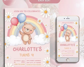 Bear Birthday Invitation: Rose Gold Girl Party, Canva Template (Instant Download)