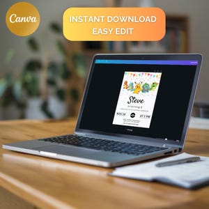 May include: A laptop screen displaying a Pokemon-themed birthday invitation for a child named Steve turning 6. The invitation features a colorful cartoon image of Pikachu and other Pokemon characters. The invitation includes the date, time, and location of the party.