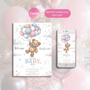 Editable Gender Revel Bear Baby Shower Invitation, Girl Boy We Can Bearly Wait Baby Shower Invite, Pink Blue Boho Bear Shower Baby Shower